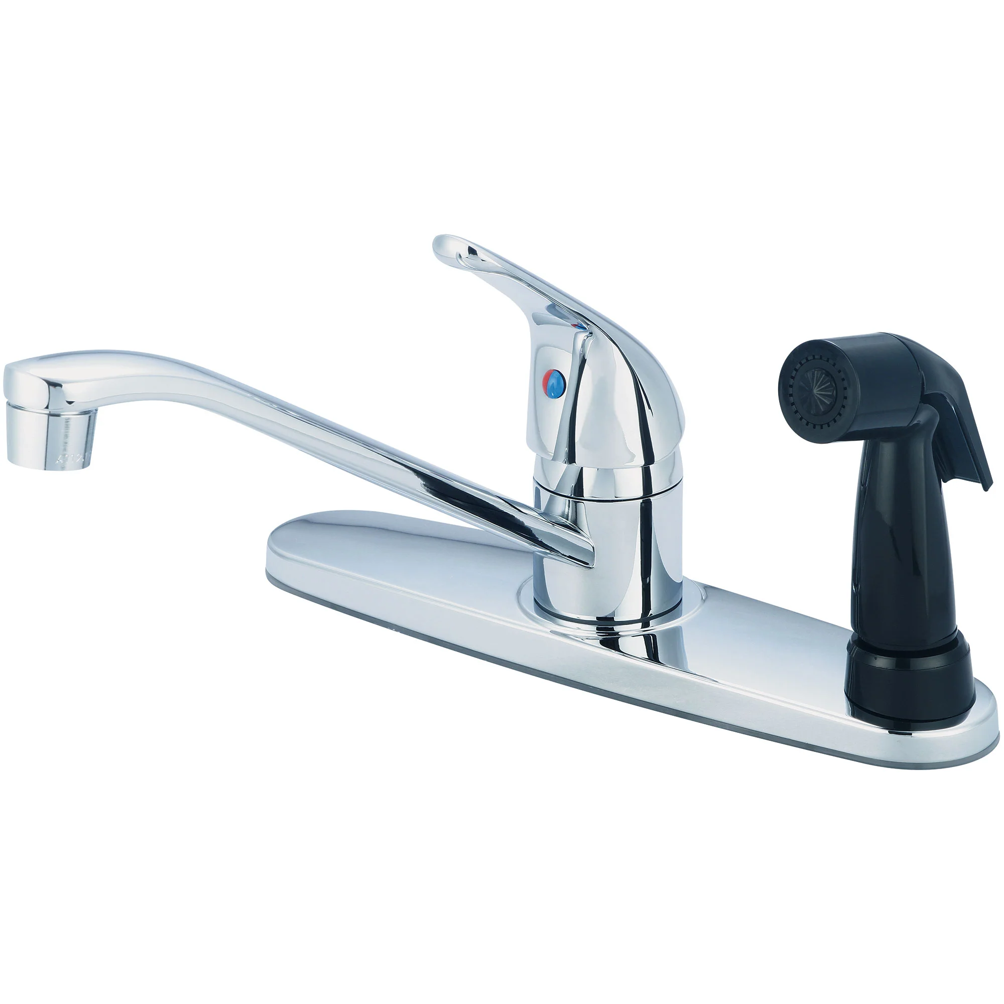 Olympia Faucets Elite 1.5 GPM Widespread Kitchen Faucet with 7-15/16" Reach D-Style Swivel Spout, 5-1/4" Plastic Side Spray, and Lever Handle